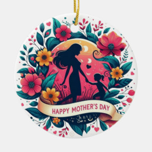 Ornamento De Cerâmica Silhueta de Mãe e Filha Floral Dia das Mães