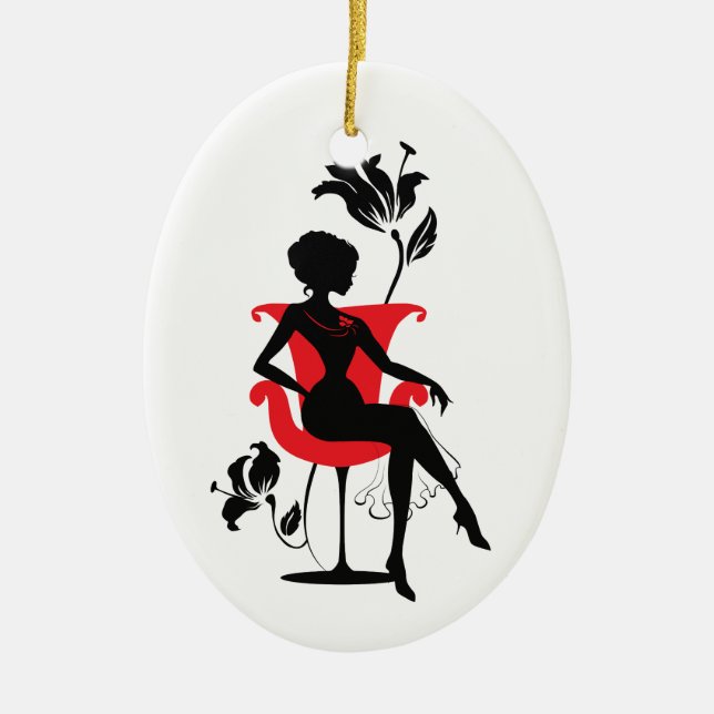 Ornamento De Cerâmica Silhueta gráfica de uma mulher sentada numa cadeir (Frente)