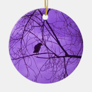 Ornamento De Cerâmica Silhueta Preta de Corvo em Barren Branches Purple
