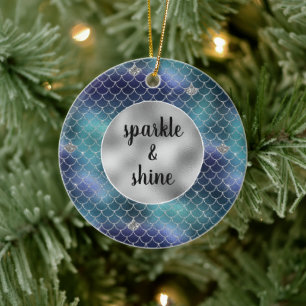 Ornamento De Cerâmica Silver Aqua Blue Mermaid Glitz