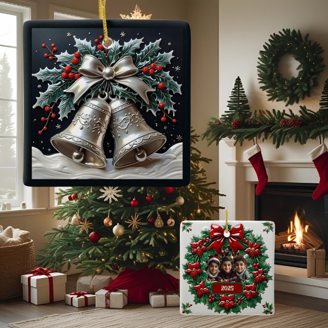Ornamento De Cerâmica Silver Bells e Holly Christmas personalizáveis (Criador carregado)