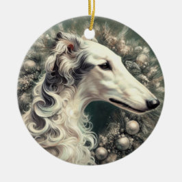 Ornamento De Cerâmica Silver Borzoi Wreath Ornament