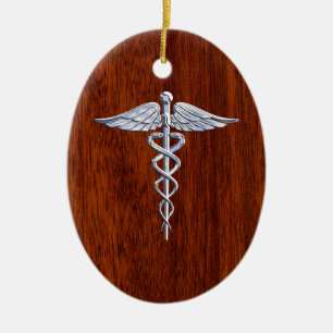 Ornamento De Cerâmica Silver Como Caduceus Símbolo Médico Mahogany Impre