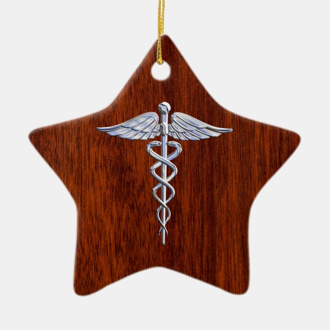 Ornamento De Cerâmica Silver Como Caduceus Símbolo Médico Mahogany Impre (Frente)
