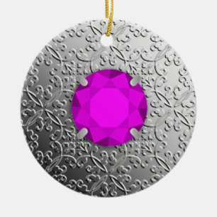 Ornamento De Cerâmica Silver Damask com gemstone faux amethyst