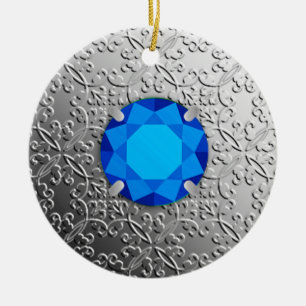 Ornamento De Cerâmica Silver Damask com gemstone faux sapphire