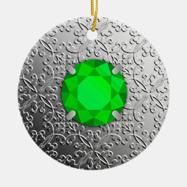 Ornamento De Cerâmica Silver Damask com uma esmeralda gemstone (Frente)