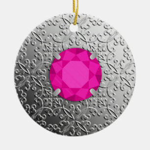 Ornamento De Cerâmica Silver Damask com uma gema turmalina rosa falsa