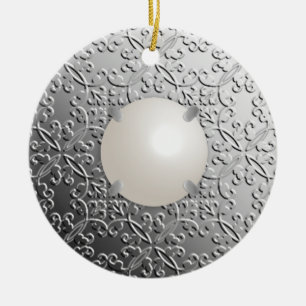 Ornamento De Cerâmica Silver Damask com uma maldita pérola