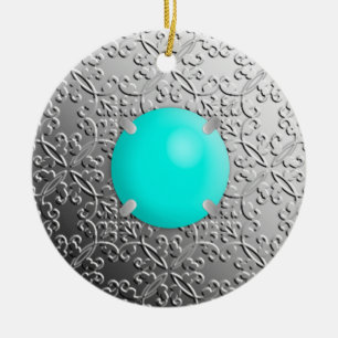 Ornamento De Cerâmica Silver Damask com uma pedra azul-turquesa