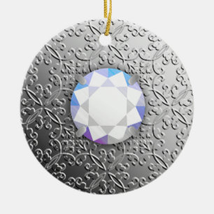 Ornamento De Cerâmica Silver Damask com uma pedra de diamante falsa