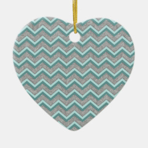 Ornamento De Cerâmica Silver Foil e Teal ZigZag