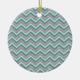 Ornamento De Cerâmica Silver Foil e Teal ZigZag
