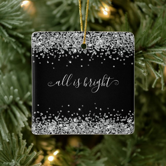 Ornamento De Cerâmica Silver Glitter Black All Is Bright Name Year (Árvore)