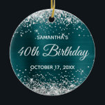 Ornamento De Cerâmica Silver Glitter Blue Teal Foil 40th Birthday<br><div class="desc">Create your own 40th birthday circle ornament for your sister. Customize the block text and/or calligraphy font style. Change the text for any special or milestone birthday. The digital art background features a faux silver glitter and blue teal ombre foil. On the backside, you can add a family photo if...</div>