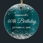 Ornamento De Cerâmica Silver Glitter Blue Teal Foil 40th Birthday<br><div class="desc">Create your own 40th birthday circle ornament for your sister. Customize the block text and/or calligraphy font style. Change the text for any special or milestone birthday. The digital art background features a faux silver glitter and blue teal ombre foil. On the backside, you can add a family photo if...</div>