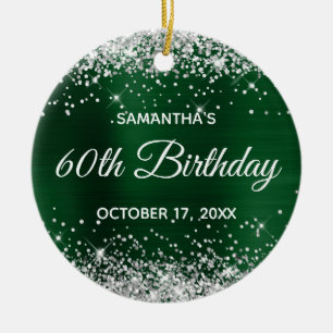 Ornamento De Cerâmica Silver Glitter Dark Green Foil 60º Aniversário
