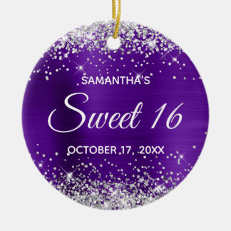 Ornamento De Cerâmica Silver Glitter Indigo Foil Sweet 16 Aniversário