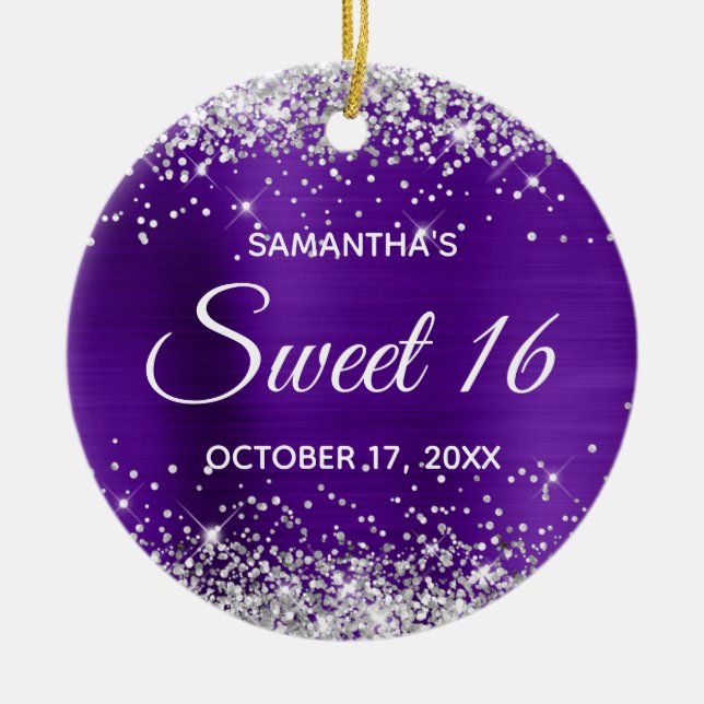 Ornamento De Cerâmica Silver Glitter Indigo Foil Sweet 16 Aniversário (Frente)