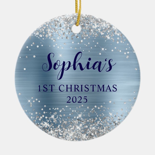Ornamento De Cerâmica Silver Glitter Light Blue Foil 1st Christmas Photo (Frente)