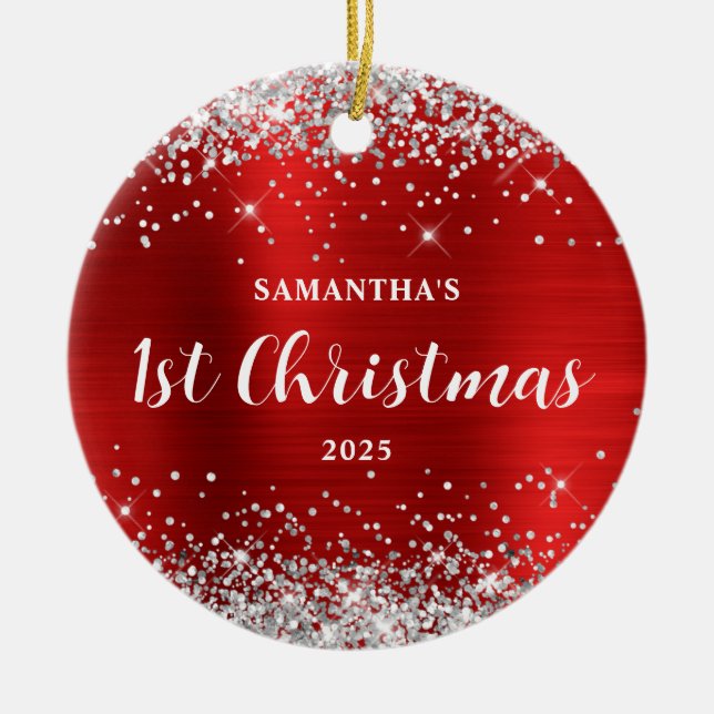 Ornamento De Cerâmica Silver Glitter Red Foil 1st Christmas (Frente)