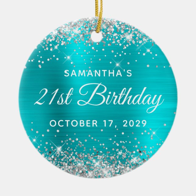 Ornamento De Cerâmica Silver Glitter Turquoise Foil 21st Birthday (Frente)