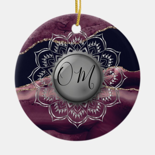 Ornamento De Cerâmica Silver Lotus OM Mandala Lavanda Marble (Frente)