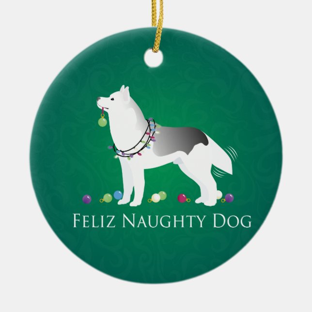 Ornamento De Cerâmica Silver Siberian Husky Feliz Naughn Natal (Frente)