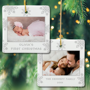 Ornamento De Cerâmica Silver Snowflakes 2 Foto Bebê Primeiro Natal