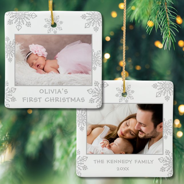 Ornamento De Cerâmica Silver Snowflakes 2 Foto Bebê Primeiro Natal (Criador carregado)
