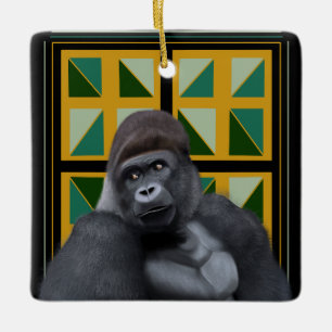 Ornamento De Cerâmica Silverback Gorilla Amarelo e Verde Geométrico