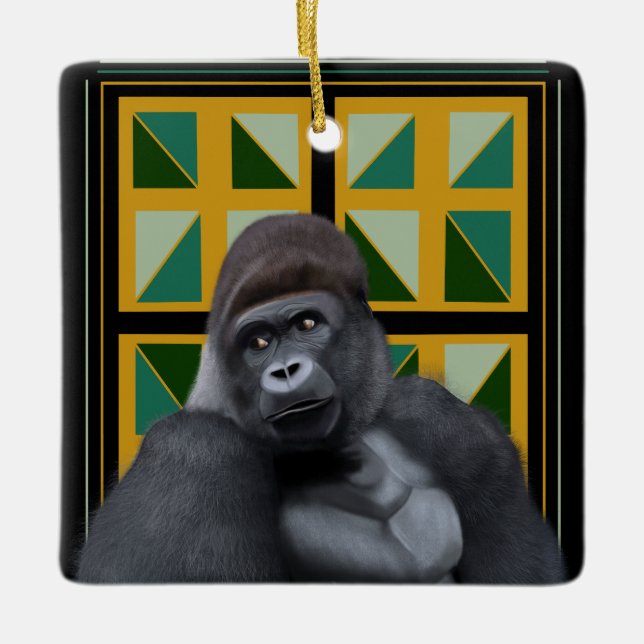 Ornamento De Cerâmica Silverback Gorilla Amarelo e Verde Geométrico (Frente)