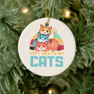 Ornamento De Cerâmica Sim, falo com o meu Design de Trio Gato Adorável d