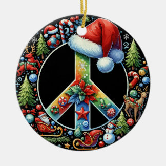 Ornamento De Cerâmica Símbolo da Paz Hippie Santa Hat Família de Natal