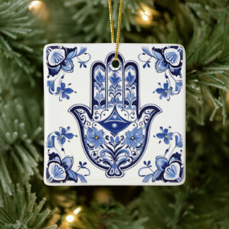 Ornamento De Cerâmica Símbolo de Mão de Hamsa - Mão Azul e Branca de Fát