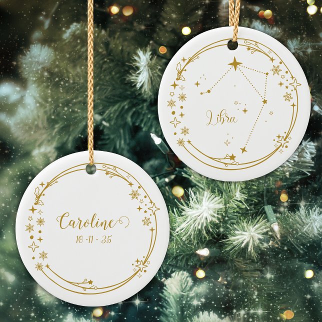 Ornamento De Cerâmica Símbolo Libra Zodiac, nome personalizado de Natal  (Criador carregado)