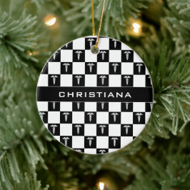 Ornamento De Cerâmica Símbolo médico branco e preto personalizado Caduce