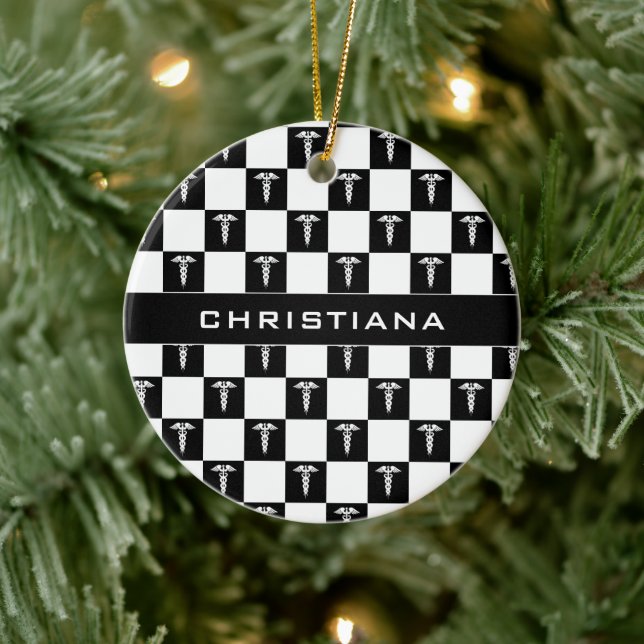 Ornamento De Cerâmica Símbolo médico branco e preto personalizado Caduce (Árvore)