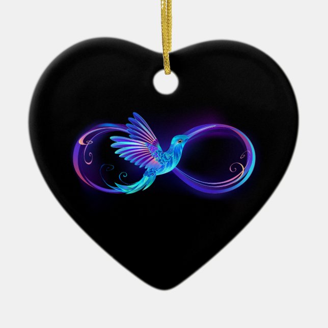 Ornamento De Cerâmica Símbolo Neon Infinity com Hummingbird brilhante (Frente)