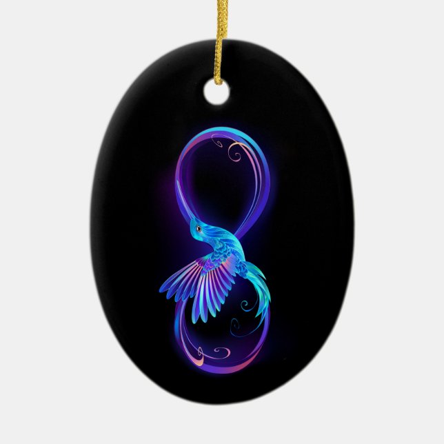 Ornamento De Cerâmica Símbolo Neon Infinity com Hummingbird brilhante (Frente)