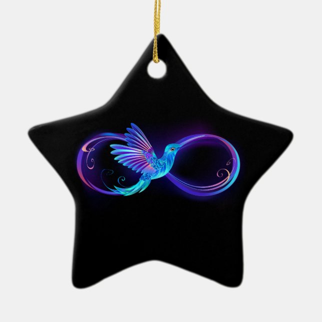 Ornamento De Cerâmica Símbolo Neon Infinity com Hummingbird brilhante (Frente)