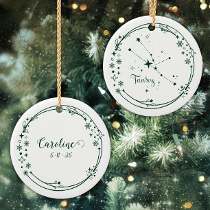 Ornamento De Cerâmica Símbolo Personalizado de Natal Taurus Zodiac Verde