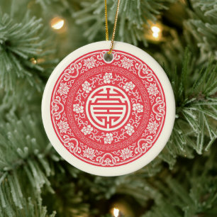 Ornamento De Cerâmica Símbolo Vermelho Chinês WuFu de Boa Sorte