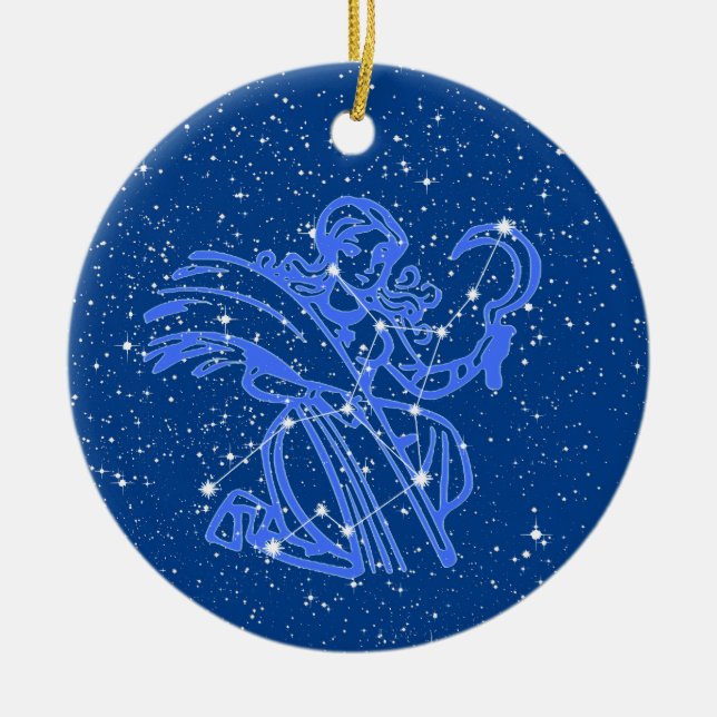 Ornamento De Cerâmica Símbolo Virgo Zodiac com Estrelas em Azul Profundo (Frente)