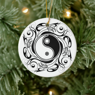 Ornamento De Cerâmica Símbolo Yin & Yang Preto e Branco Estilo Tatuagem