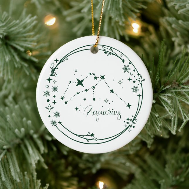Ornamento De Cerâmica Símbolo Zodiac Aquarius de Natal Verde (Árvore)