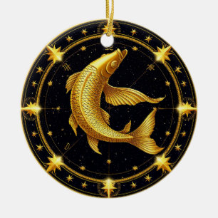 Ornamento De Cerâmica Símbolo Zodiacal de Peixes Dourados Rodeado por Es