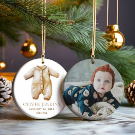Ornamento De Cerâmica Simple Boy First Christmas com Birth Stats Foto