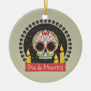 Ornamento De Cerâmica Simple Dia de Muertos Skull & Candles Ornament