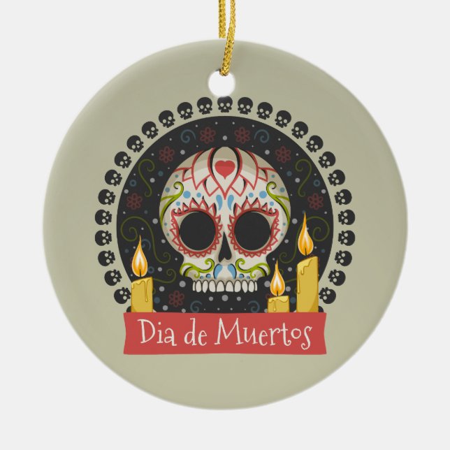 Ornamento De Cerâmica Simple Dia de Muertos Skull & Candles Ornament (Frente)